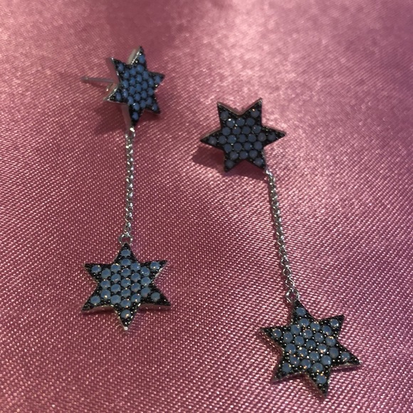 Stunning Blue Opalescent Double Star Sterling Silver Drop Earrings-Boutique - Picture 2 of 11